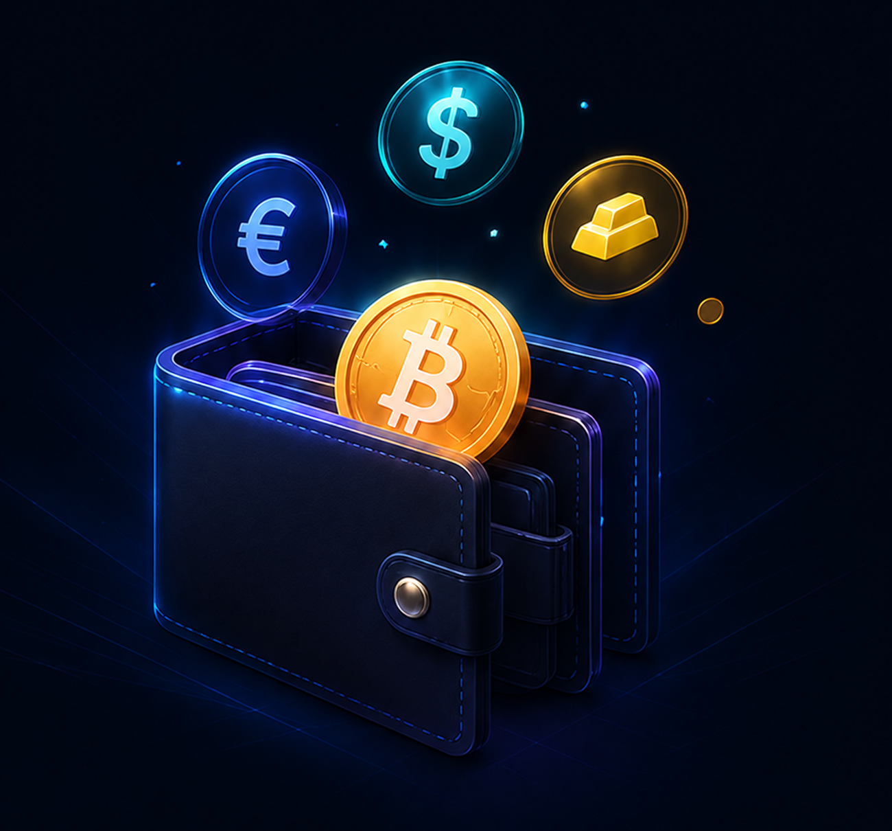 Crypto wallet with Bitcoin, dollar, euro, and gold coins